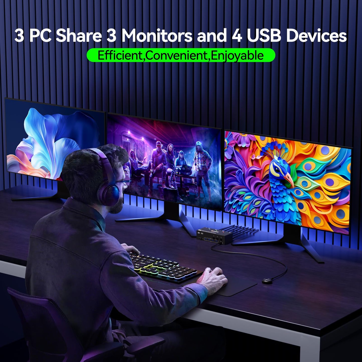 KVM Switch 3 Monitors 3 Computers 8K@60Hz, ANGEET HDMI Displayport Triple Monitor KVM Switch,3 Monitor KVM with 4 USB 3.0 Ports for Keyboard Mouse