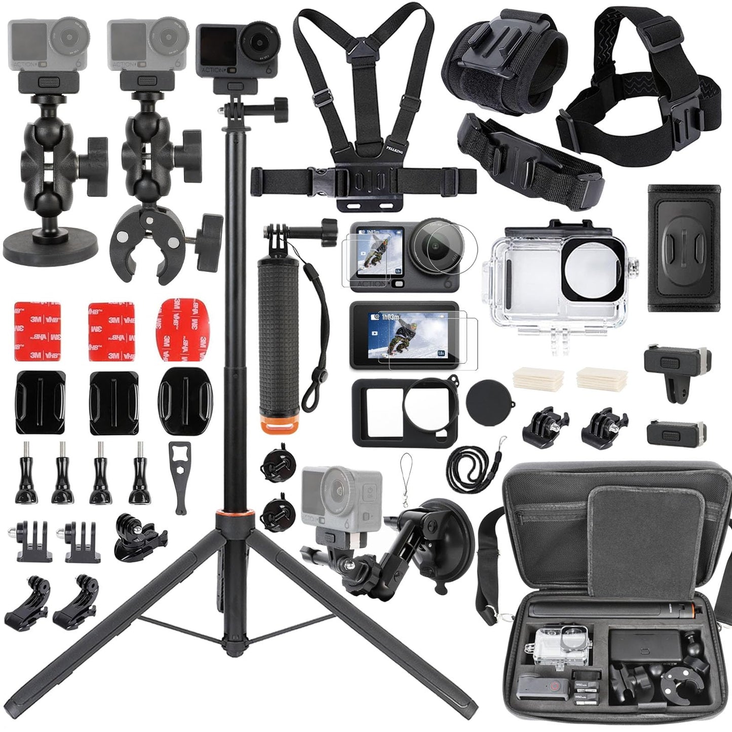 PellKing Accessories Kit for DJI Osmo Action 6,Carrying Case with Belt 135cm Selfie Stick Tripod Waterproof Housing Suction Cup Magnetic Handlebar