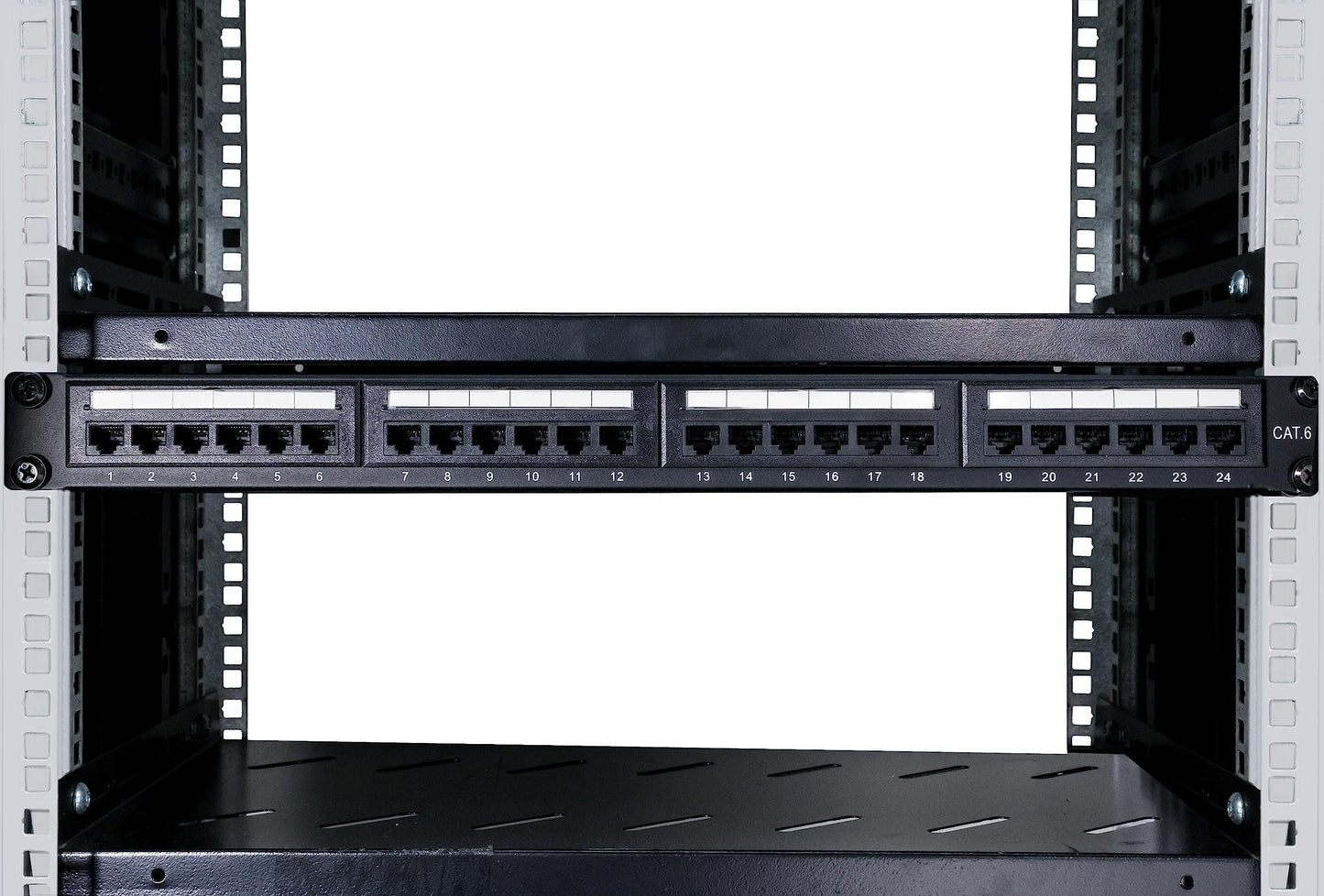 6COM 6COMGIGA 24 RJ45 Port Cat6 Patch Panel with Removable Back Bar,Support 110 & Krone Terminations,1U 19 Inch Network Patch Panel for Cat6, Cat5e