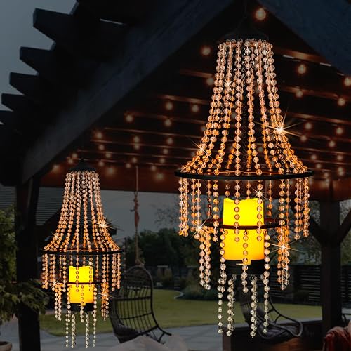 Hanging Candle Chandelier Outdoor, Battery Operated Clear Acrylic Beaded Chandelier with Flickering Led Candle Light S Hooks Modern Lantern for Garden