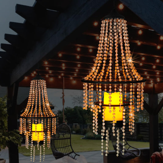 Hanging Candle Chandelier Outdoor, Battery Operated Clear Acrylic Beaded Chandelier with Flickering Led Candle Light S Hooks Modern Lantern for Garden