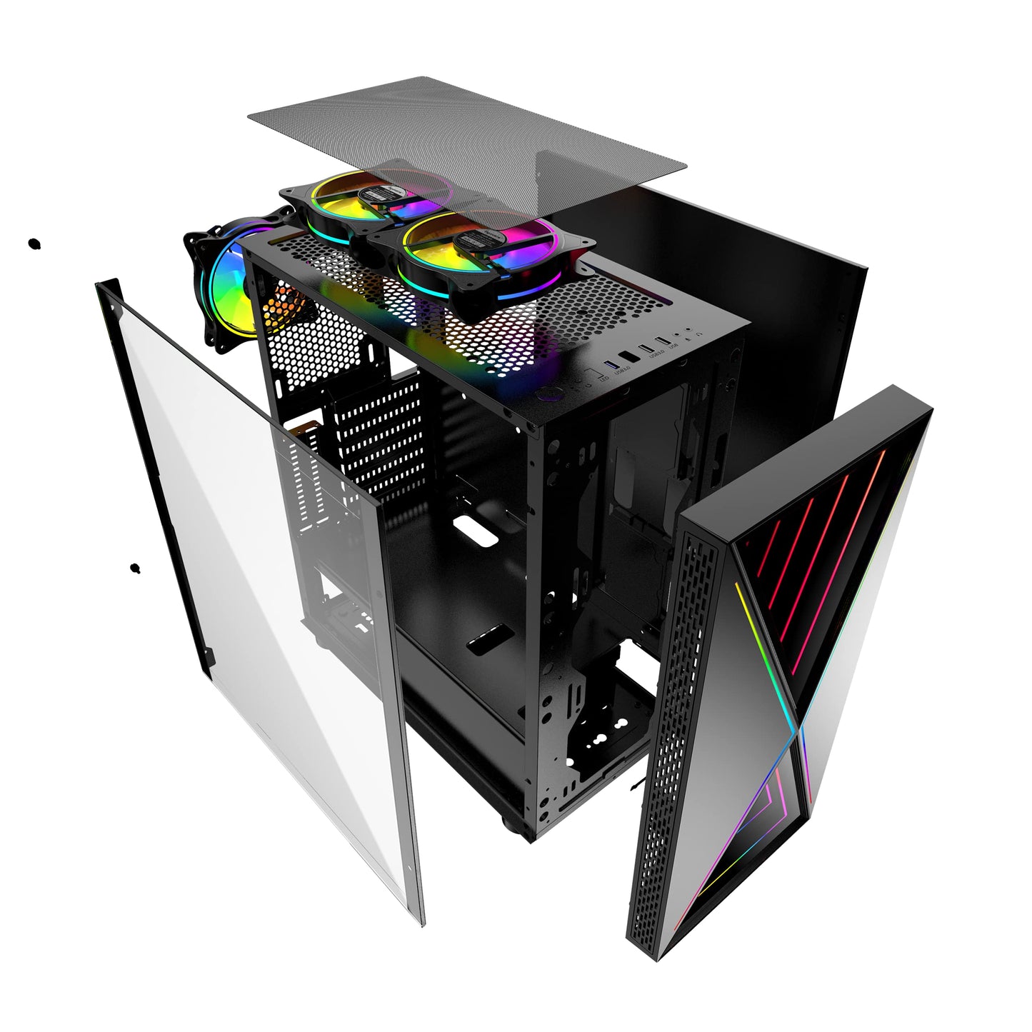 Bgears b-BlackWidow-RGB Black Gaming PC ATX case, Special Ripple Effect Front Panel, Tempered Glass Side. 2 x USB3.0, 3 x PWM 120mm ARGB Fans, Fan