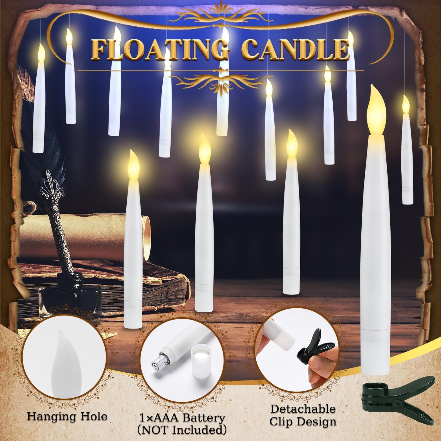 Halloween Decorations - Floating Candles with Wand & 6-Hour Timer - Flameless LED Hanging Candles with Clip, Battery Operated Window Taper Candle