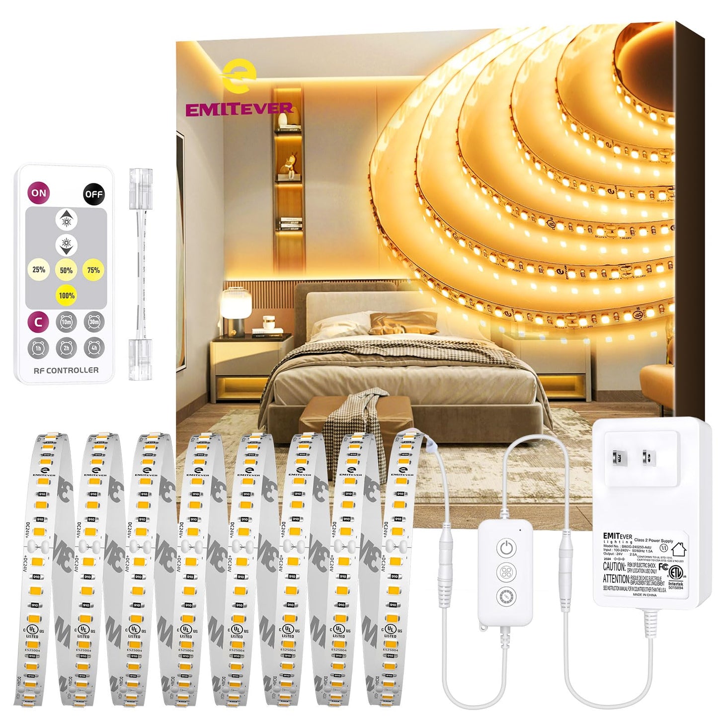 EMITEVER LED Strip Lights Kit Warm White with Remote & 24V Power Supply,16.4ft Dimmable Tape Light 2700K, High Density 600LEDs, 240+LM/FT, CRI95+