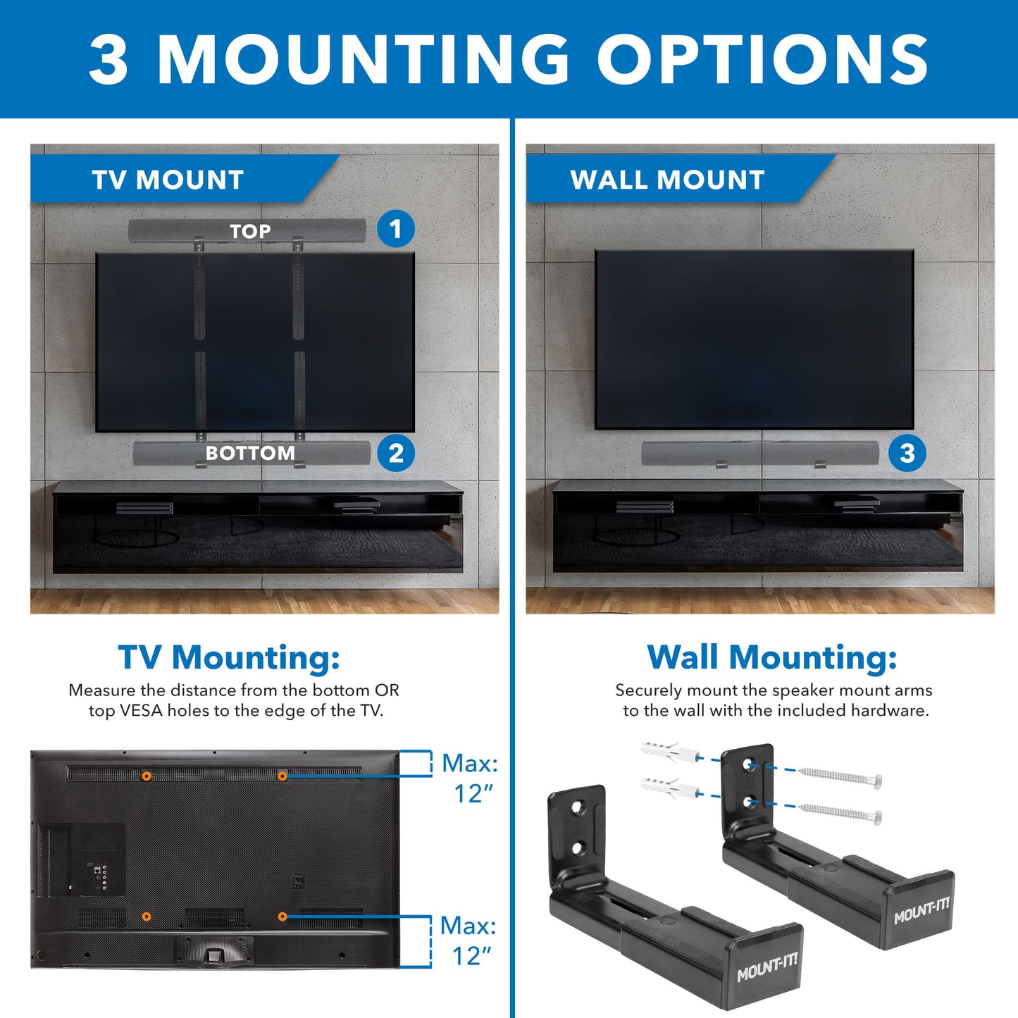 Mount-It! Soundbar Mount for TV and Wall Mounting | 2-in-1 Soundbar Bracket for Back of TV or Wall Mount Installation | Universal Base Fits All