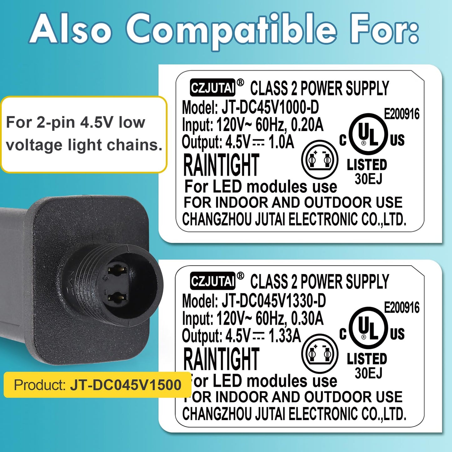 CZJUTAI JT-DC045V1500 Premium 4.5V 1.5A 6.75W LED Power Supply - Class 2 Transformer, IP44 Waterproof, US Plug for Christmas and String Lights, Indoor