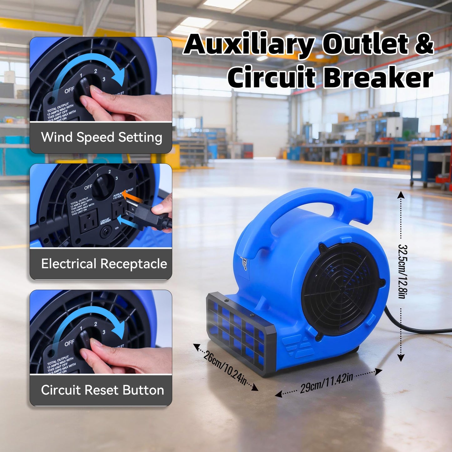 BEYOND BREEZE 1/4 HP 1000 CFM Air Mover Blower Fan with 3 Speeds, Blue