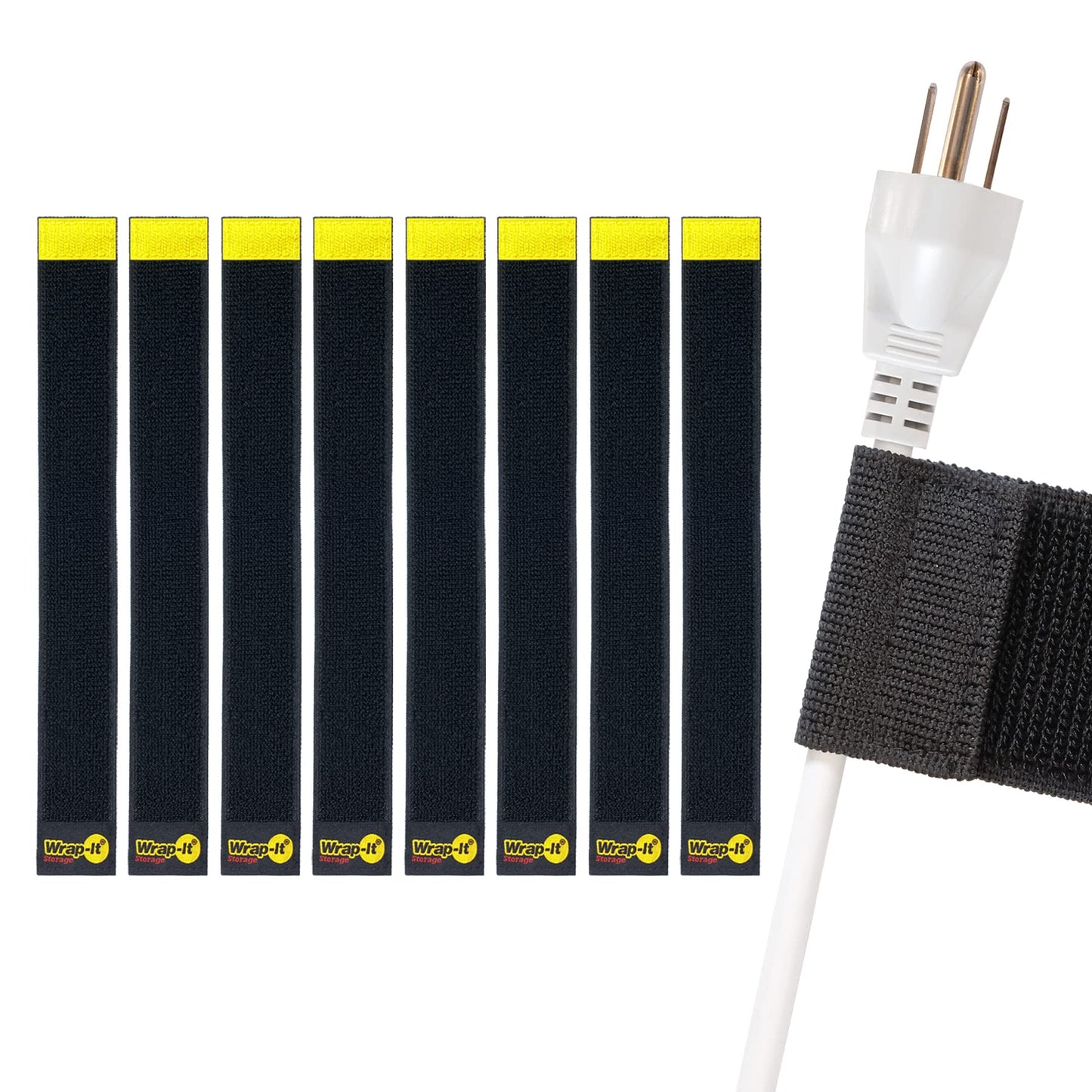Selfie Straps by Wrap-It Storage, 12-inch (8-Pack), Black - Stretchy Hook and Loop Cord Organizer that Stays Attached to Cord for Electrical Cable