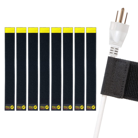 Selfie Straps by Wrap-It Storage, 12-inch (8-Pack), Black - Stretchy Hook and Loop Cord Organizer that Stays Attached to Cord for Electrical Cable