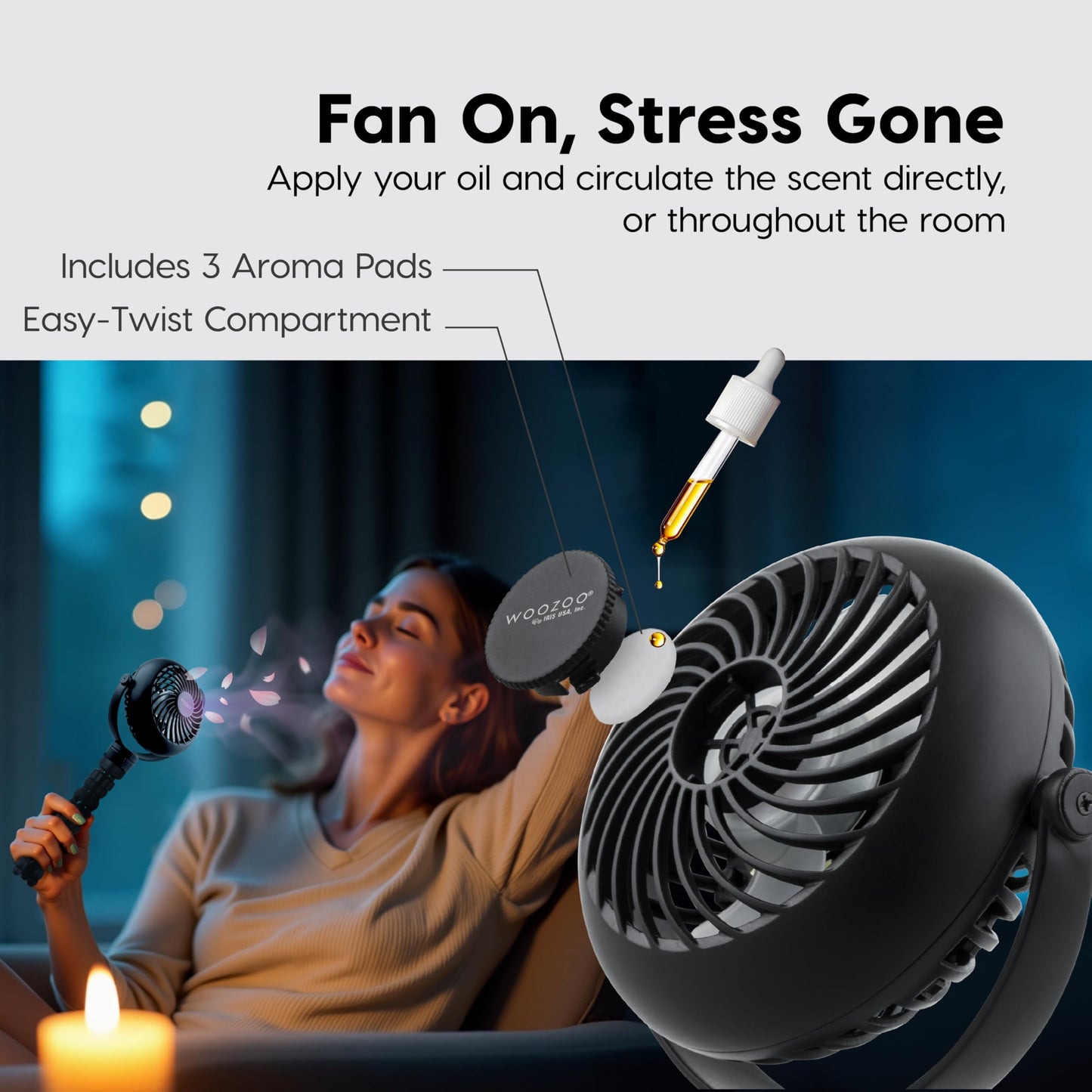 IRIS USA WOOZOO Portable Personal Fan, USB-C Charging, Tripod Stand, Black