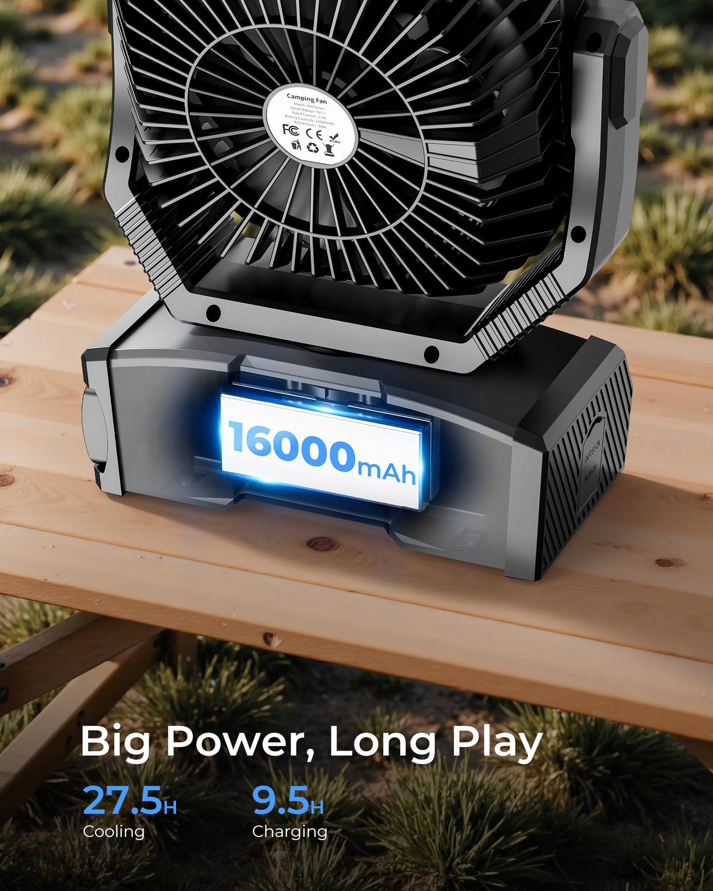 8” Portable Rechargeable Fan, Battery Operated Camping Fan with 27H Work Hours, Remote, Auto Oscillation, Timer, Hook for RV Tent Hurricane Emergency