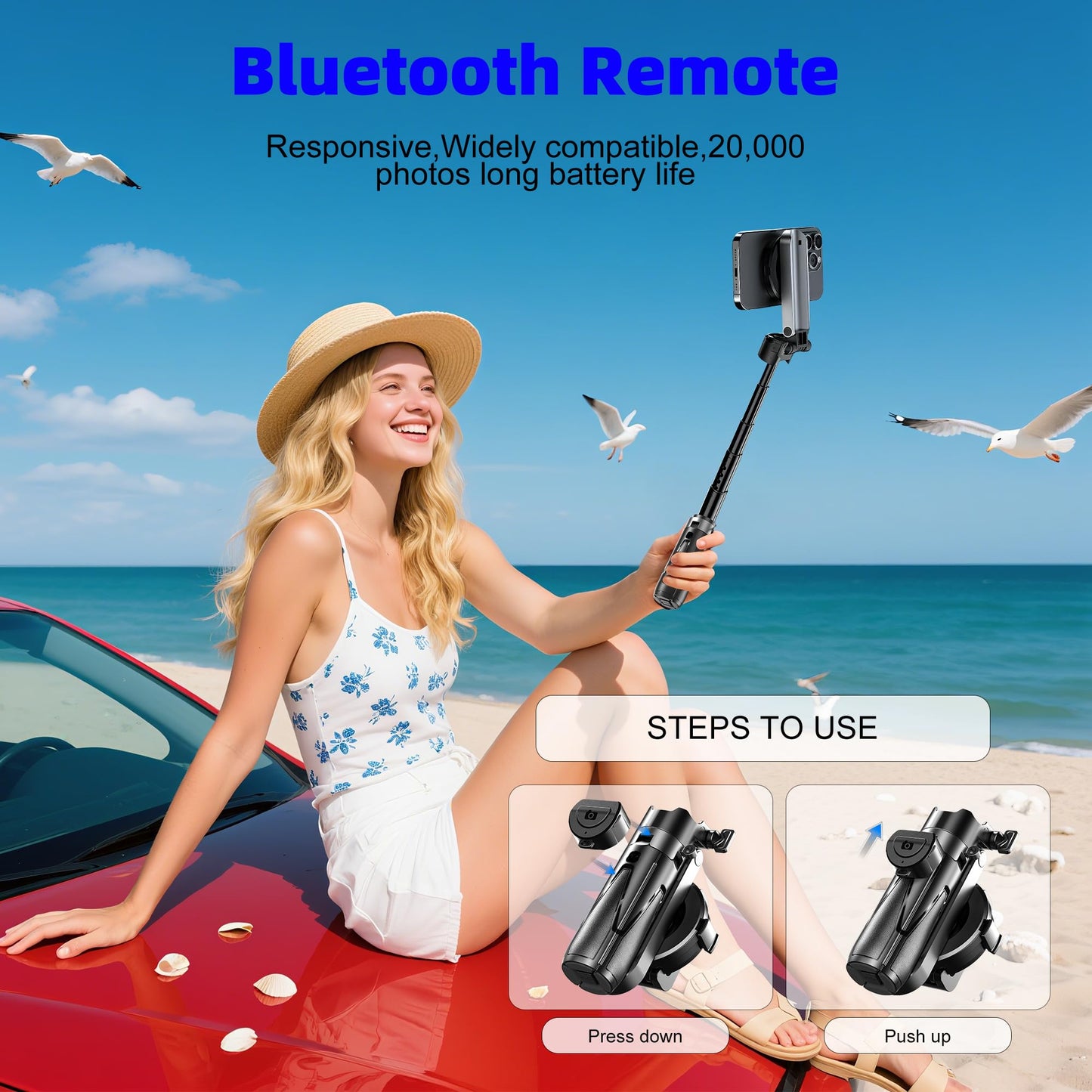 Wofoboxair for Magsafe Tripod Stand for iPhone,Portable Pocket Size Selfie Stick with Rechargeable Remote and Metal Ring,Extendable Detachable Cell