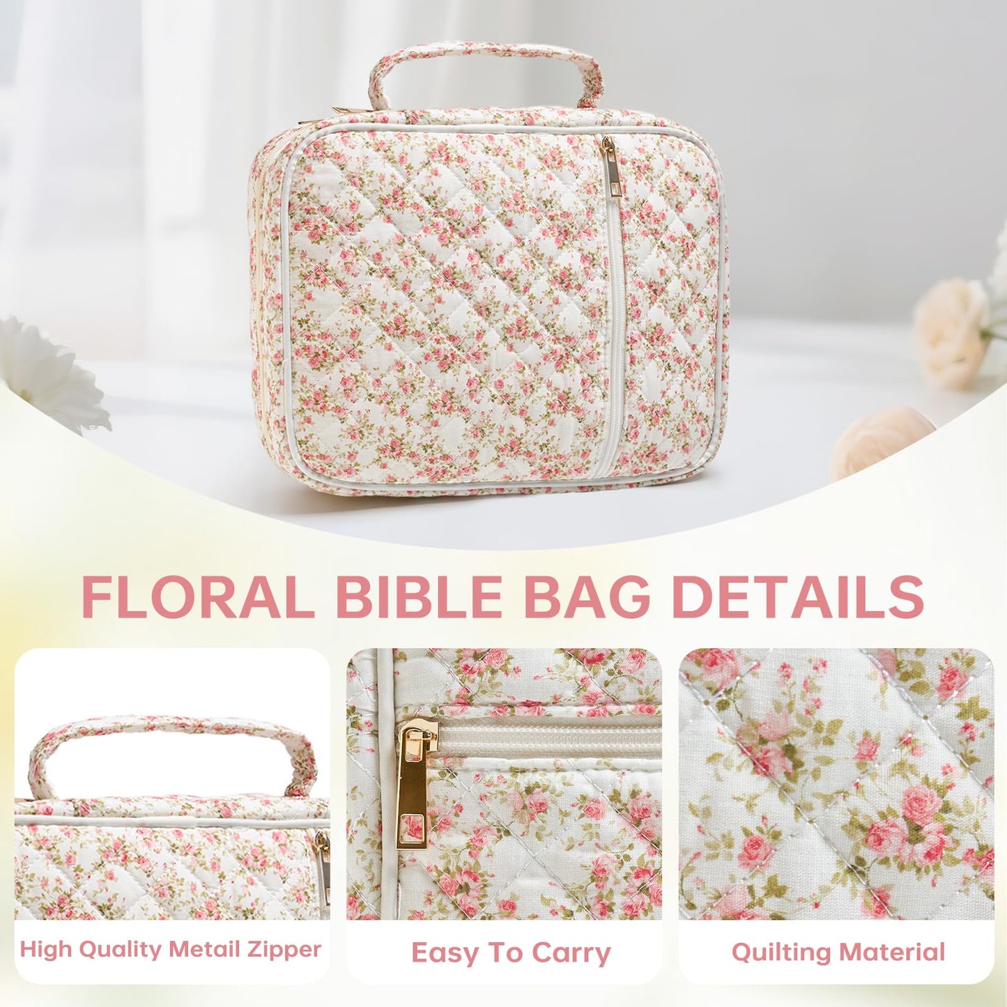 Bible Cover Case for Women Bible Bag Cover with Durable Handle Quilted Bible Carrying Case for Girls Bible Study Supplies Accessories (Siamese Rose)