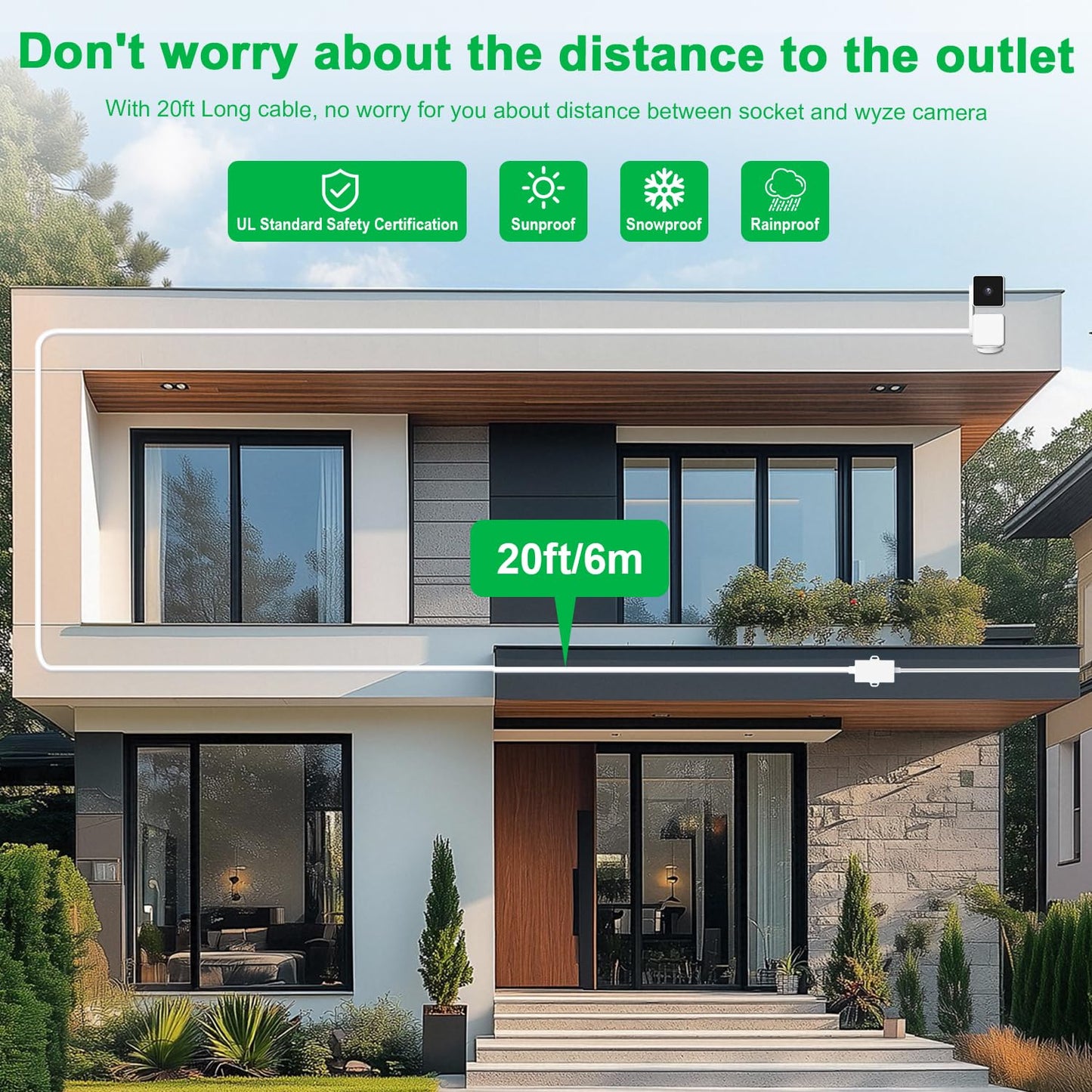 20Ft/6m Outdoor Power Adapter Compatible with Wyze Cam V4/V3,Duo Cam Pan,Wyze Pan V4/V3/V2/OG,Long Flat Charging Extension Cable Replace for Plug,IP67