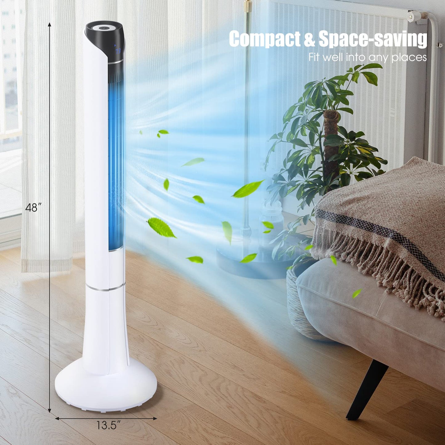LDAILY 48” Tower Fan, 80 °Oscillating Bladeless Fan w/Remote Control, LED Display, 15H Timer, 3 Speeds, 3 Modes, Portable Quiet Standing Fan