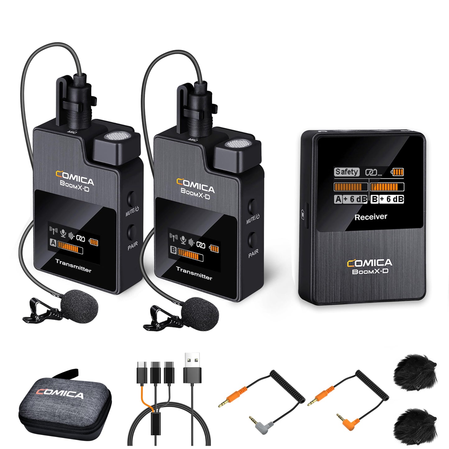 Comica BoomX-D2 - Wireless Microphone System for Cameras, Camcorders, Smartphones, Laptops, Compact Wireless Lavalier Lapel Microphone with Safety