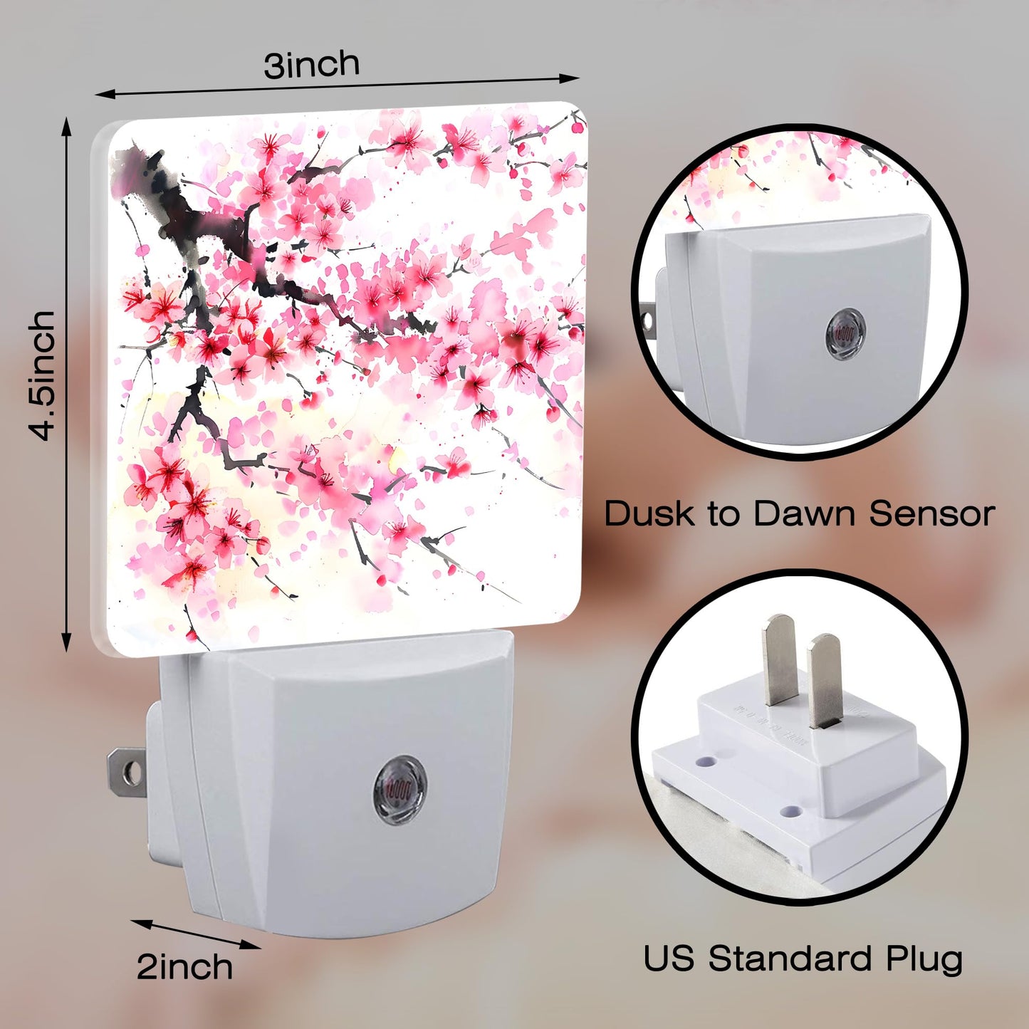 sndheke Watercolor Cherry Blossoms Tree Night Light for Kids,Abstract Pink Floral Night Light Plug in with Dusk to Dawn Sensor,0.5w Energy Saving
