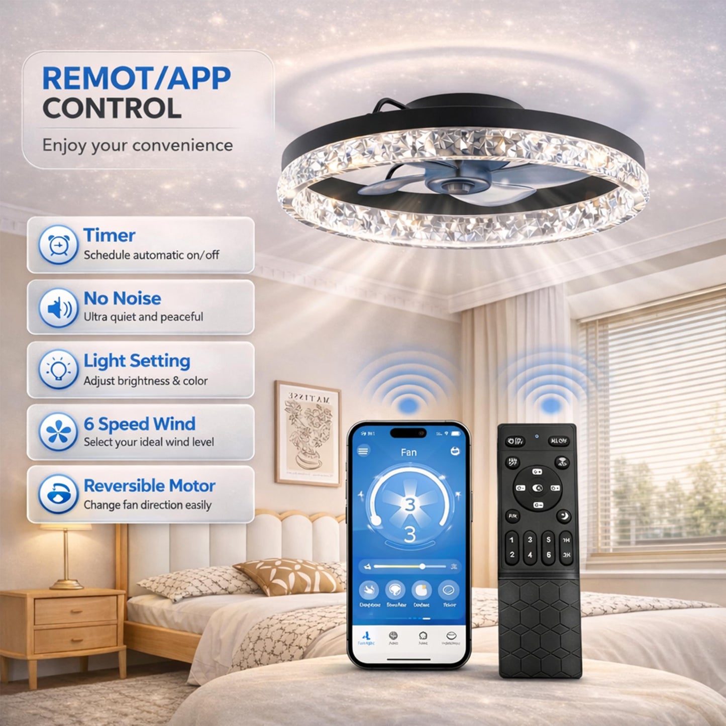 Modern Ceiling Fans with Lights, 20 inch Low Profile Ceiling Fan with Light, Remote and App Control, Stepless Color Temperature Change and 6 Speeds