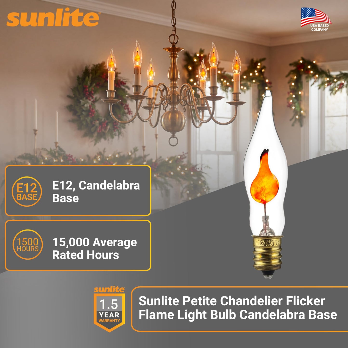 Sunlite Petite Chandelier Flicker Flame Light Bulb Candelabra Base, Orange, for Holiday and Decorative Lighting, E12, Candelabra Base, Clear, 3 Watts