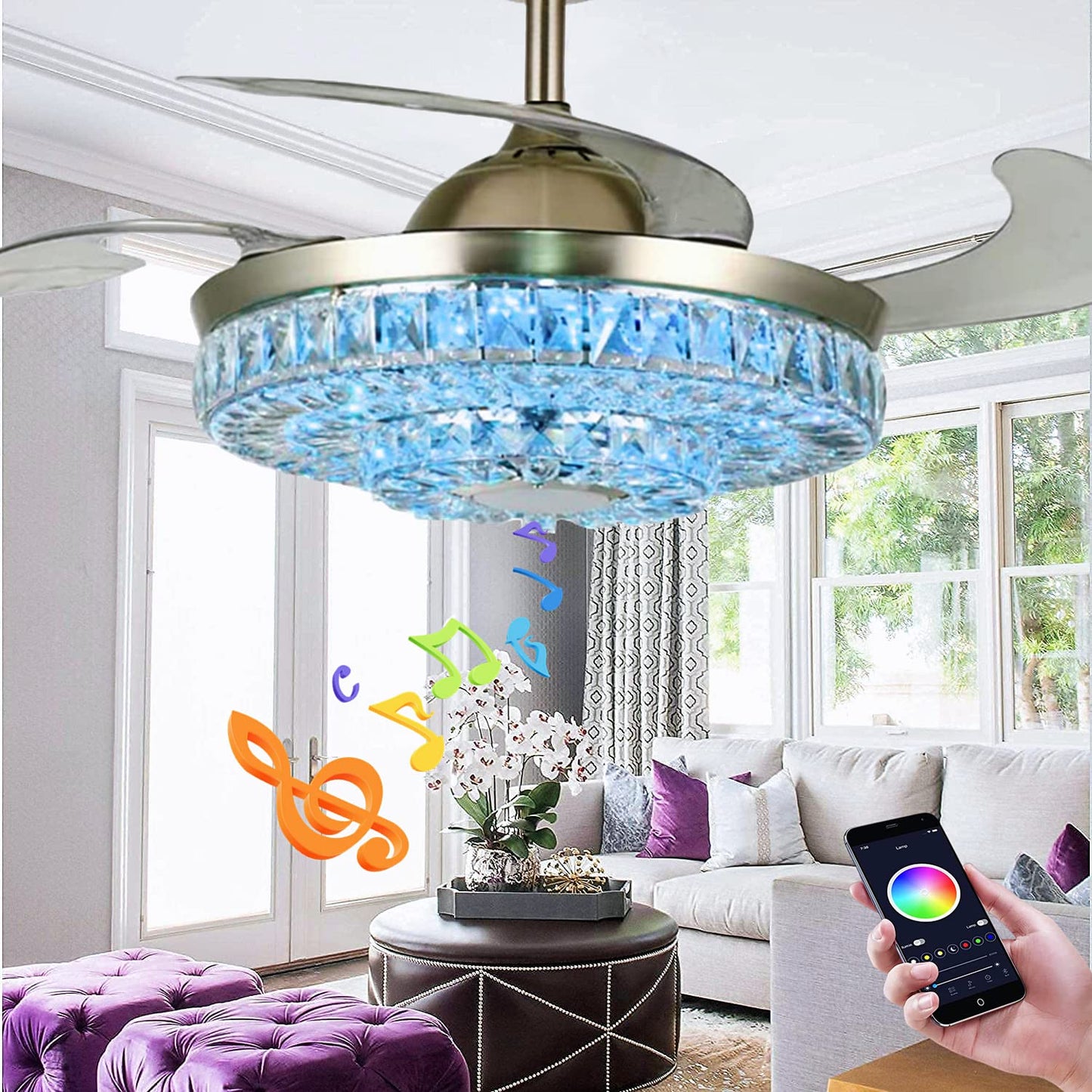 efperfect 42" Crystal Ceiling Fan Light with Remote and Bluetooth Speaker, Retractable Fandelier 7 Color Dimmable Music Player LED Chandelier Fans