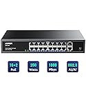 Aumox 18-Port Ethernet Gigabit PoE Switch, 16-Port PoE with 2 Uplink Gigabit Ports, 250W Built-in Power, Metal Casing and 19-inch Rackmount, Traffic