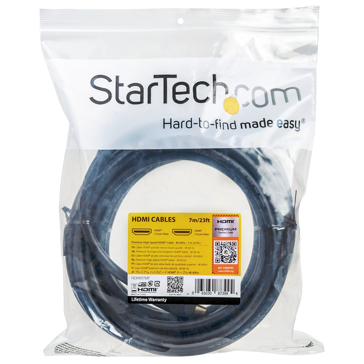 StarTech.com 23ft (7m) Premium Certified HDMI 2.0 Cable with Ethernet - High Speed Ultra HD 4K 60Hz HDMI Cable HDR10 - Long HDMI Cord (Male/Male