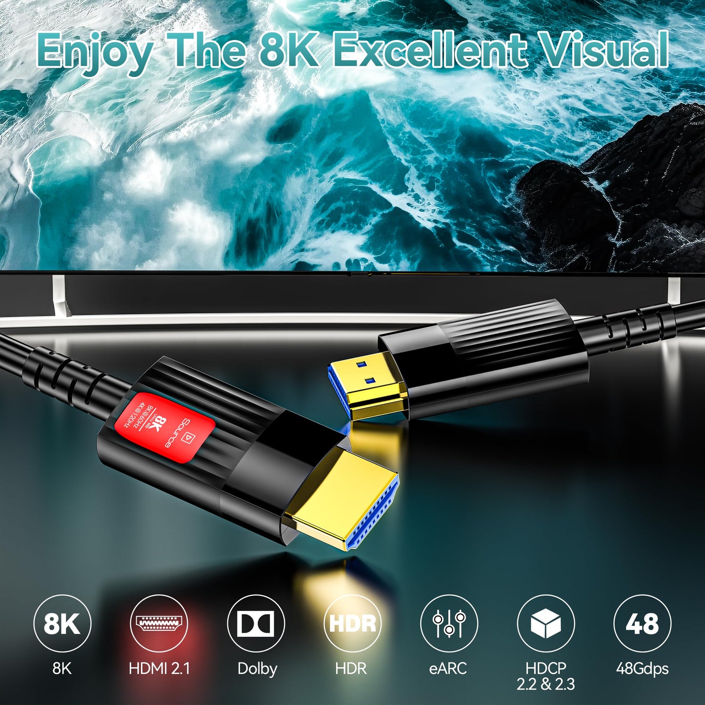 Anehmeta Fiber Optic HDMI Cable 150FT/46M, Long HDMI 2.1 Cable Support 48Gbps High Speed 8K@60Hz 4K@120Hz Dynamic HDR/eARC/HDCP 2.2&2.3/Dolby Atmos