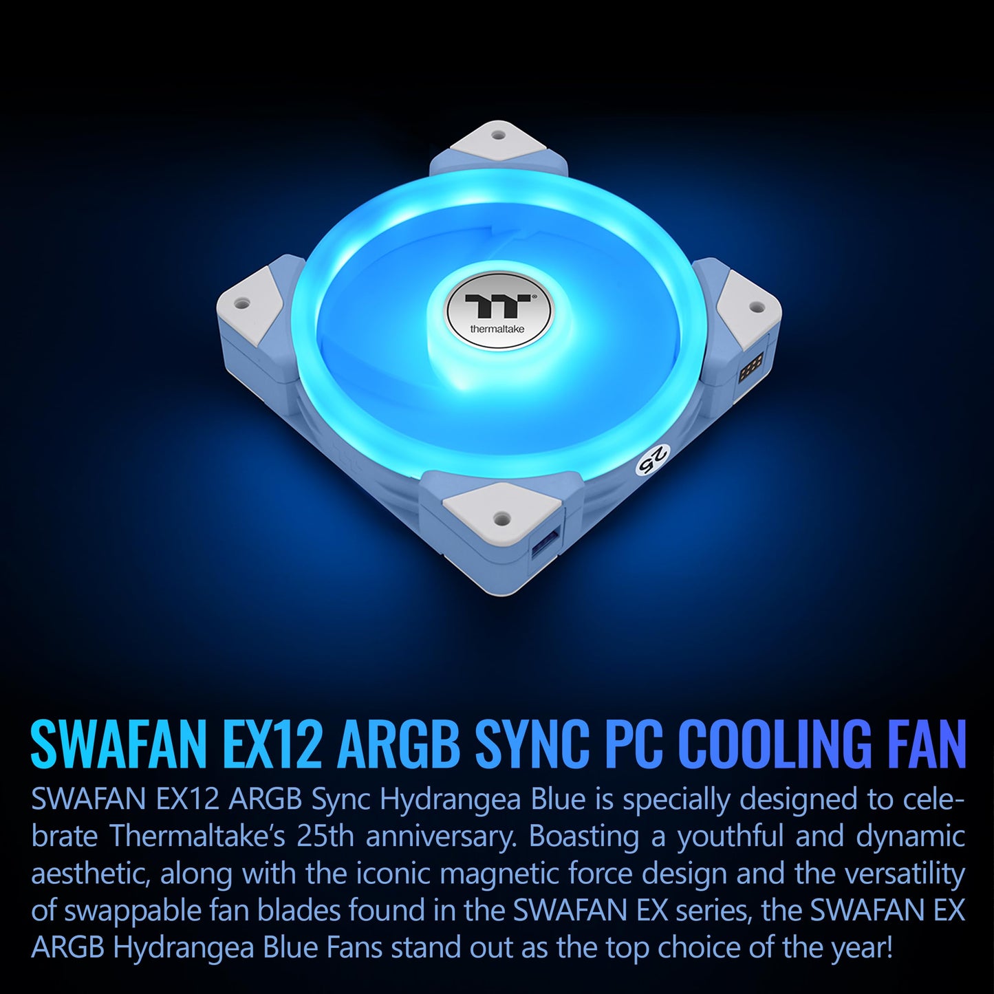 Thermaltake SWAFAN EX 12 ARGB Cooling Fan, Hydrangea Blue, 3-Fan pcak, 500~2000 RPM, Magnetic Connection, Reversable Blades, sync with MB RGB