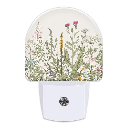 Herbs and Wild Flowers Night Light for Kids,Watercolor Green Botanical Floral Leaves Night Light Plug in with Dusk to Dawn Sensor,0.5w Energy Saving