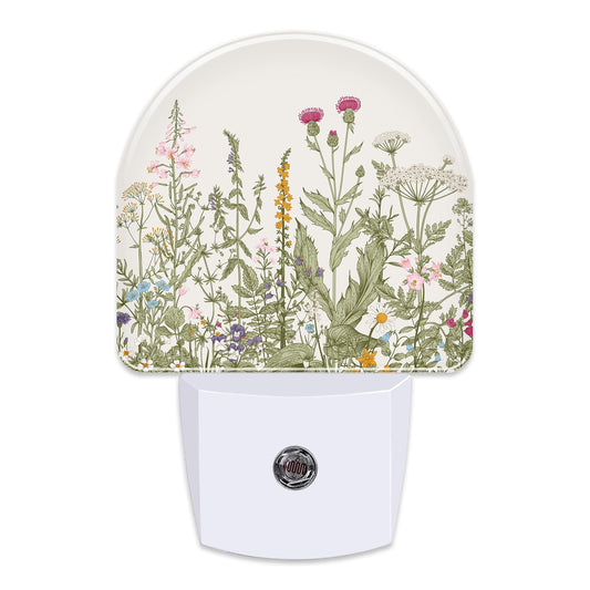 Herbs and Wild Flowers Night Light for Kids,Watercolor Green Botanical Floral Leaves Night Light Plug in with Dusk to Dawn Sensor,0.5w Energy Saving