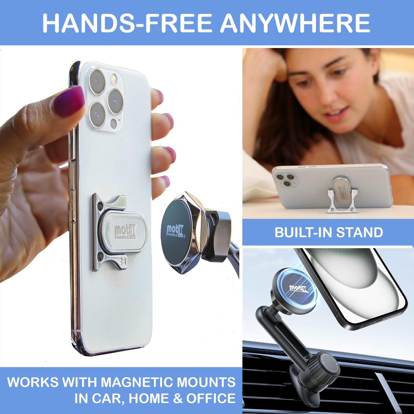 Mobi Handle: Patented 3-Finger Phone Grip & Stand - Comfortable & Secure Loop Holder for iPhone & Android - Ultra-Slim Zinc Alloy - Magnetic Mount