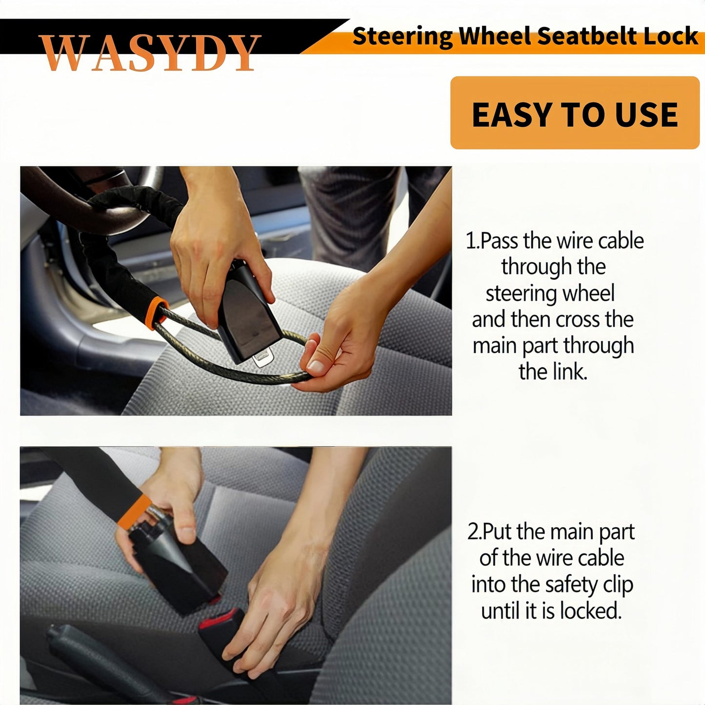 WASYDY Car Steering Wheel Seat Belt Lock,2026 Upgraded High Strength Thickened Steel Cable Universal Anti Theft Device,Compact Lightweight Car