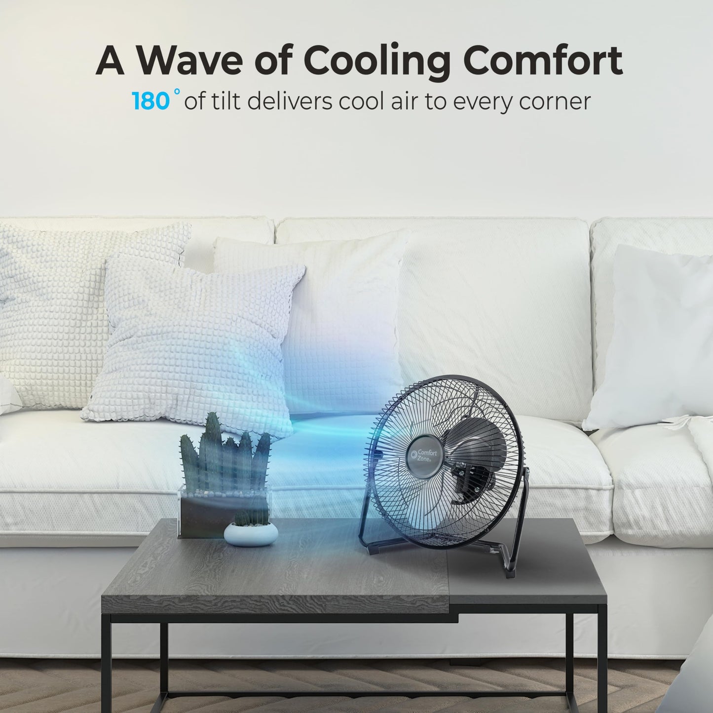 Comfort Zone 9 inch Cradle Fan, 3 Speed Floor or Table Fan with180 Degree Tilt, Metal Construction and Aluminum Blades, Carry Handle, Rubber Feet