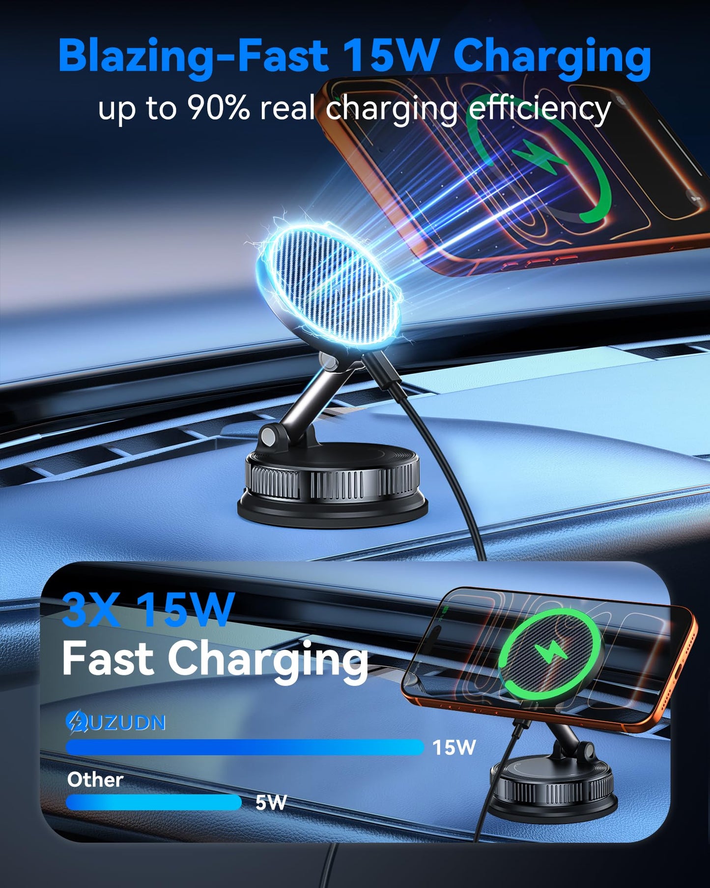 15W MagSafe Car Mount Charger, Magnetic Wireless Car Charger with Vacuum Suction Cup & Nano Adhesive Base, 360° Rotatable Strong Hold Car Phone Mount
