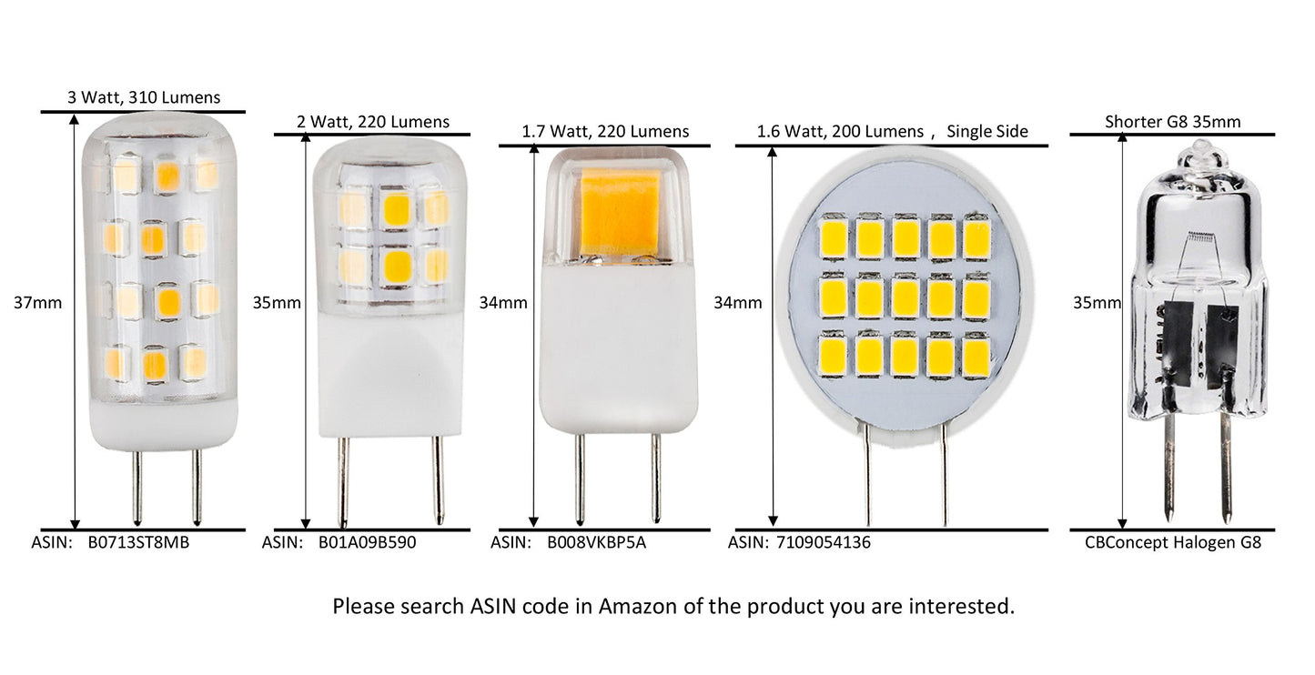 CBconcept UL-Listed, G8 LED Light Bulb (Standard 37mm Length), 5-Pack, 3 Watt, 310 Lumen, Not Dimmable, Daylight 5000K, 360° Beam Angle, 35W