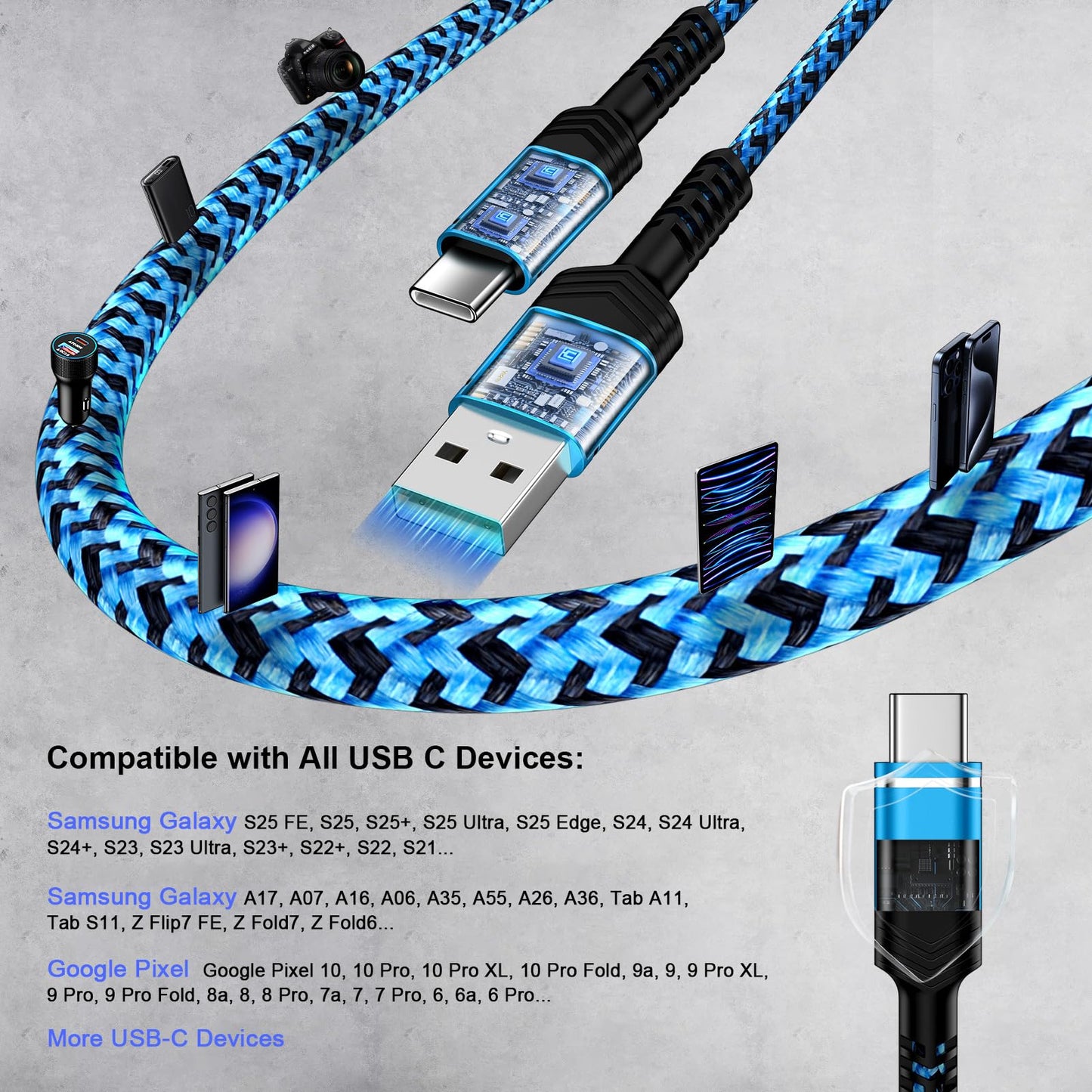 USB Type C Cable Fast Charging for Samsung Galaxy S25 FE/S25 Ultra/S25/S24/S24 Ultra/A16/A17, 2Pack 6FT Type C Charger Cables Android Phone Charging