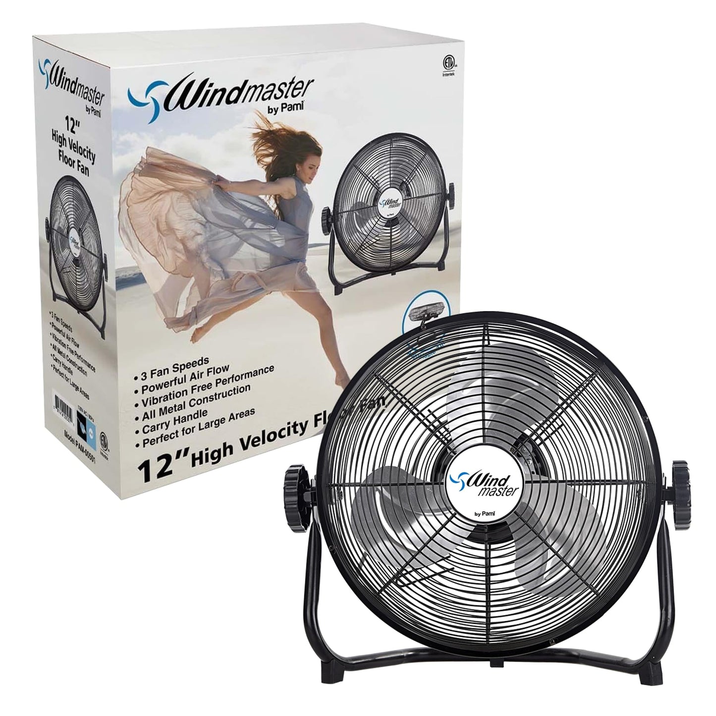 PAMI 12 in High-Velocity Floor Fan,3 Speed,Adjustable Head,Metal,Heavy Duty