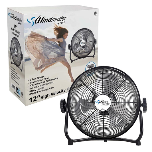 PAMI 12 in High-Velocity Floor Fan,3 Speed,Adjustable Head,Metal,Heavy Duty
