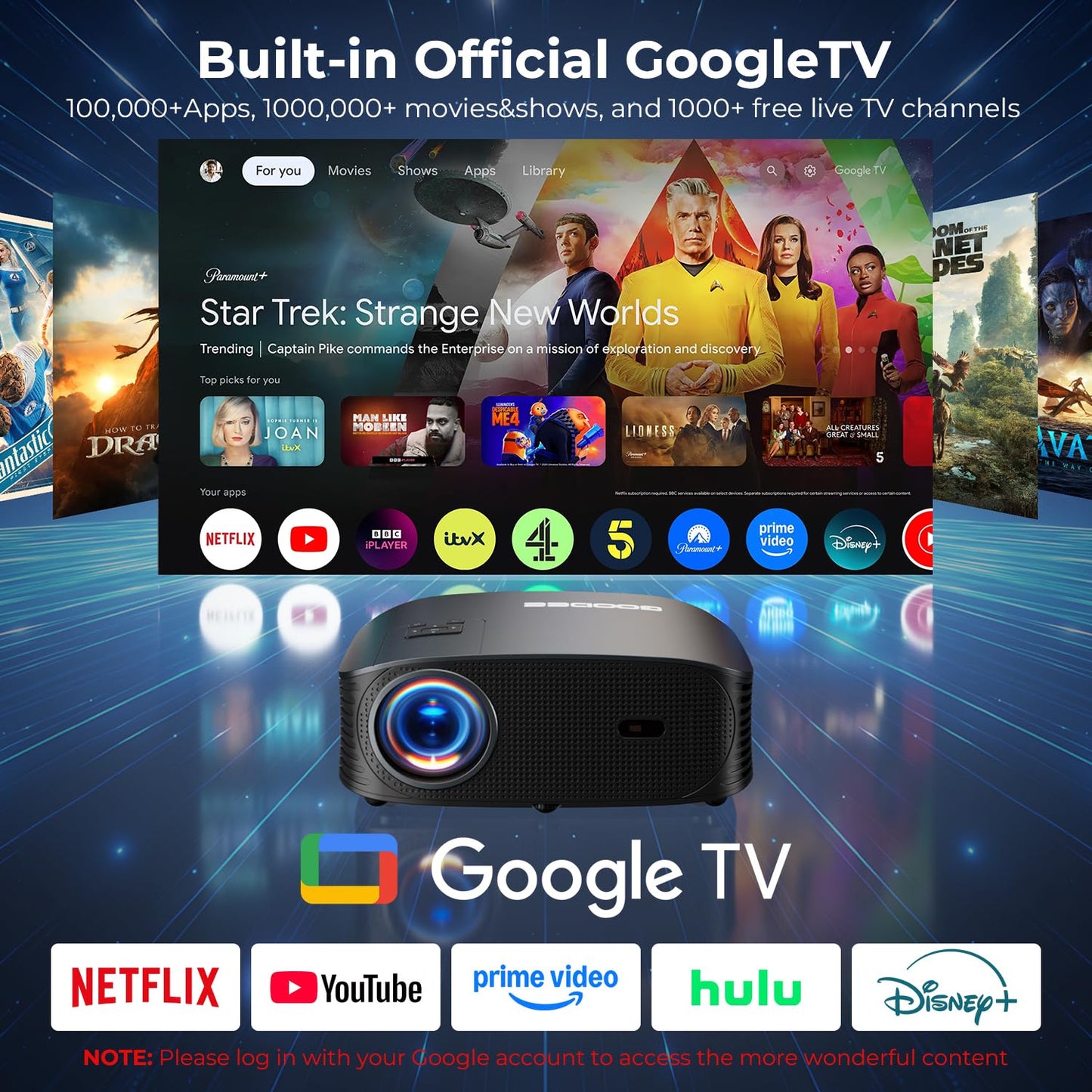 GOODEE Official Licensed Google TV 4K Mini Smart Projector with WiFi and Bluetooth - Compatible with Netflix/YouTube/Prime Video, Dolby Audio, Auto