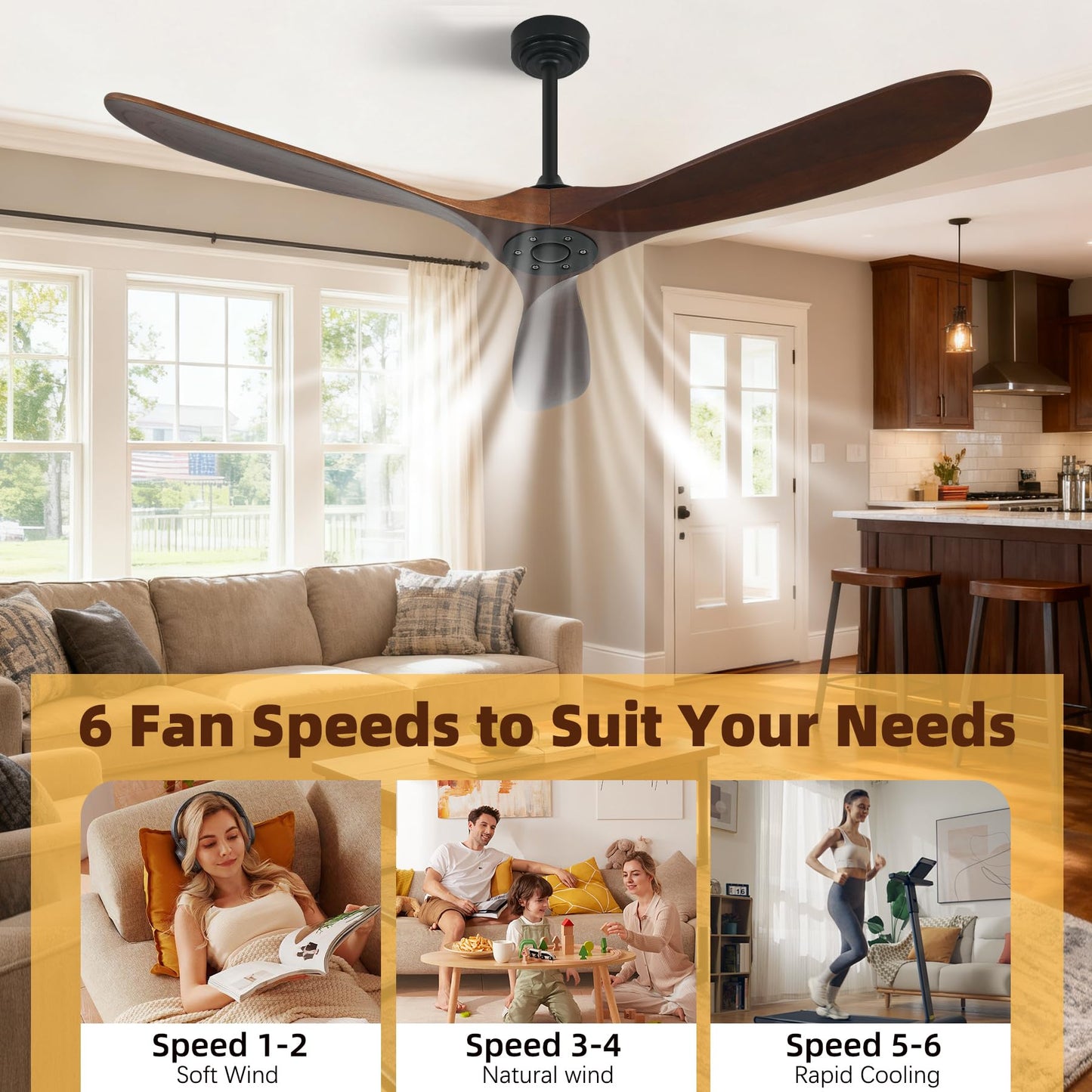 Homlit Outdoor Ceiling Fan Without Light, 60 Inch Smart Ceiling Fan with Remote & Voice Control for Alexa/Google, 3-Blade Wood Fan, Quiet DC Motor, 6
