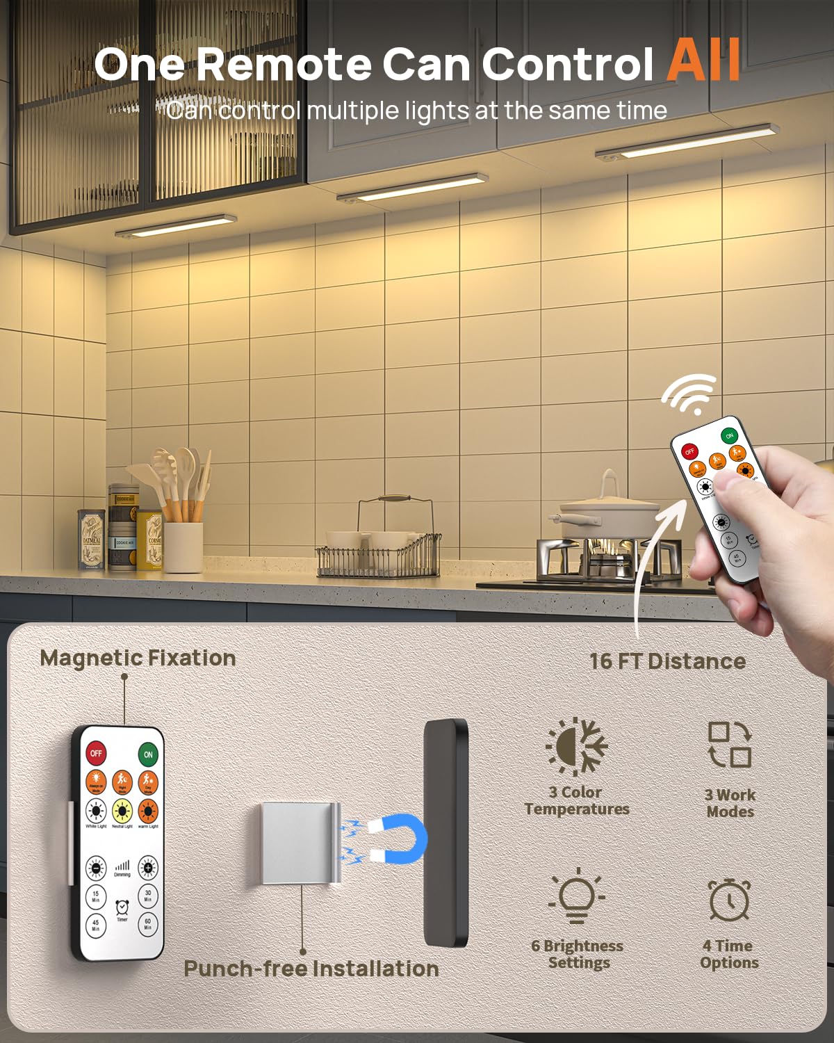 16inch Under Cabinet Lighting Wireless, 4000mAh Rechargeable Motion Sensor Light Indoor, LED Closet Lights with Remote, 3 Color Temps Dimmable