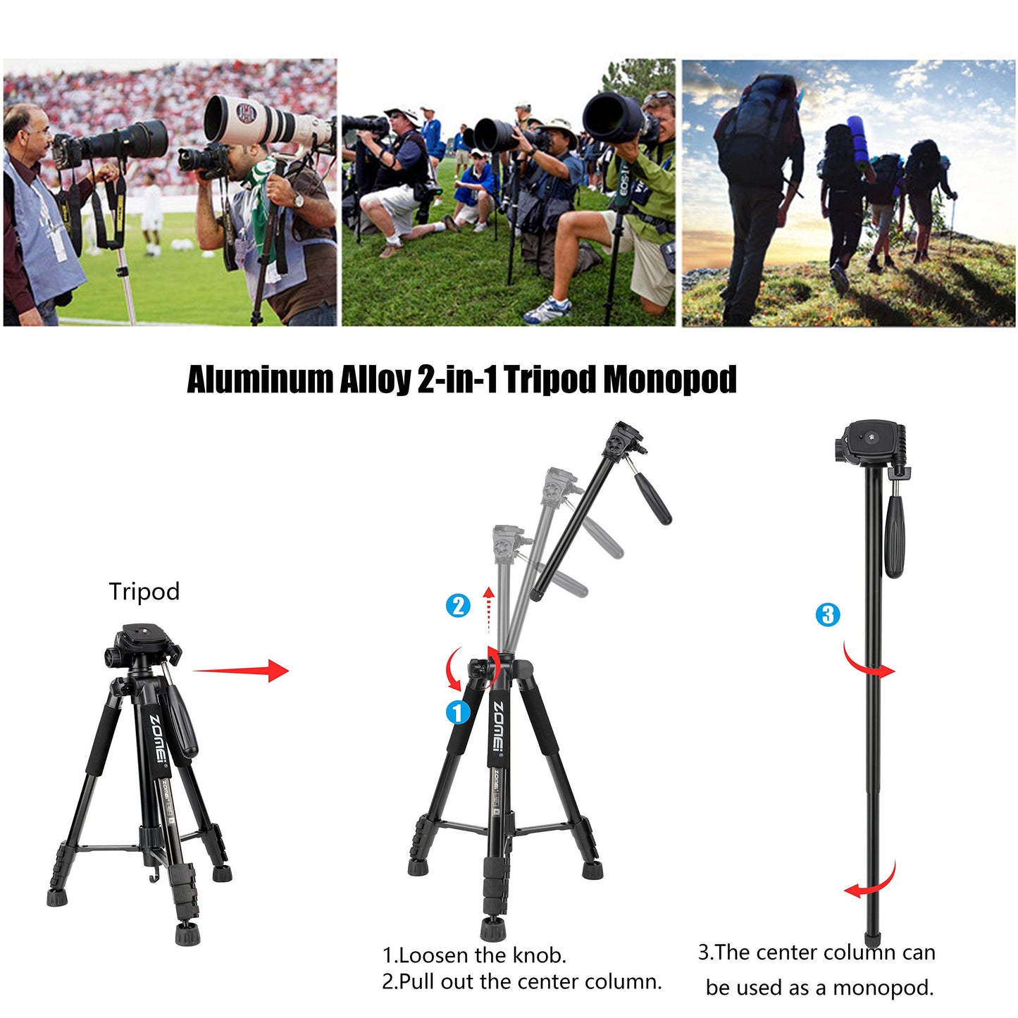 Tripod for Camera,2 in 1 Tripod and Monopod ?Portable Travel Tripod with 3-Way Pan Head and Carry Bag for Canon Nikon Sony DSLR