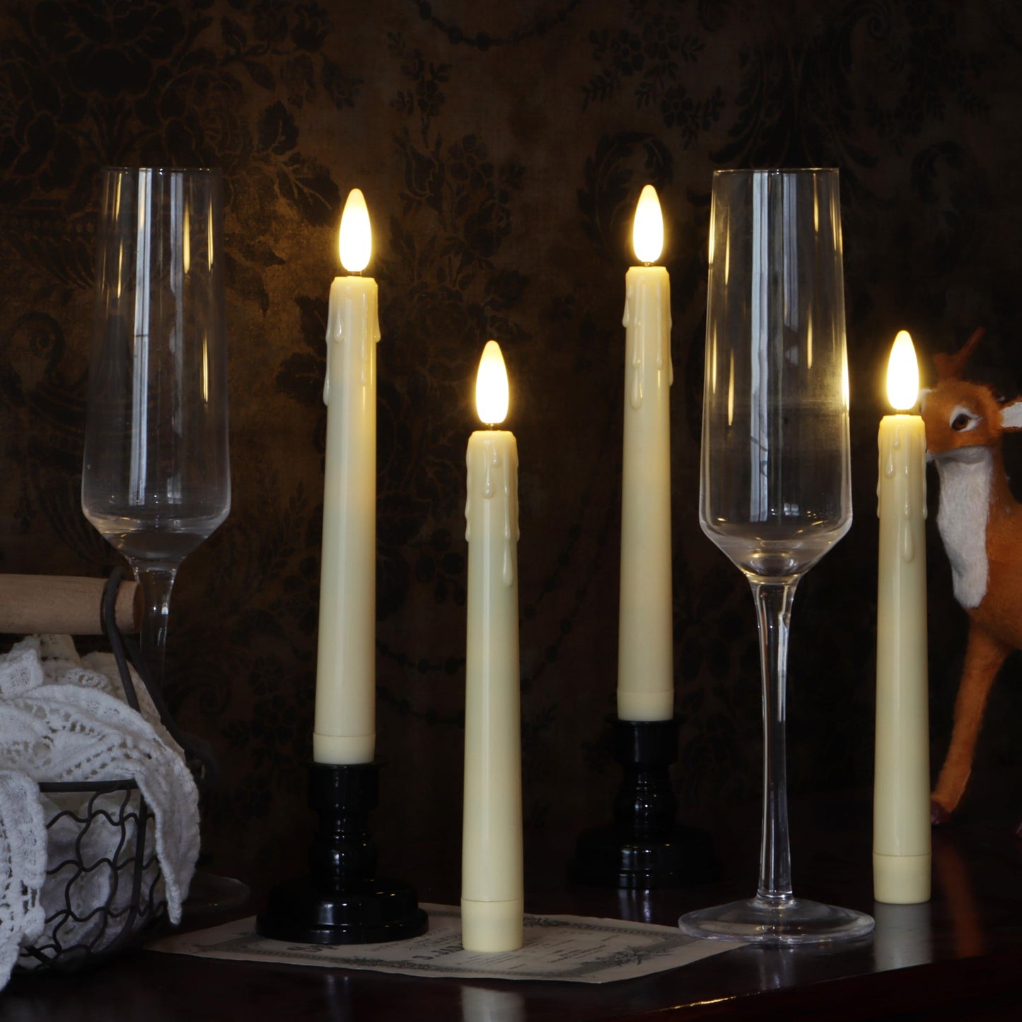 yunsheng Battery Operated LED Window Candles with Remote Timer, 8 Inches Ivory Flameless Taper Flickering Candles, Removable Black Candlesticks