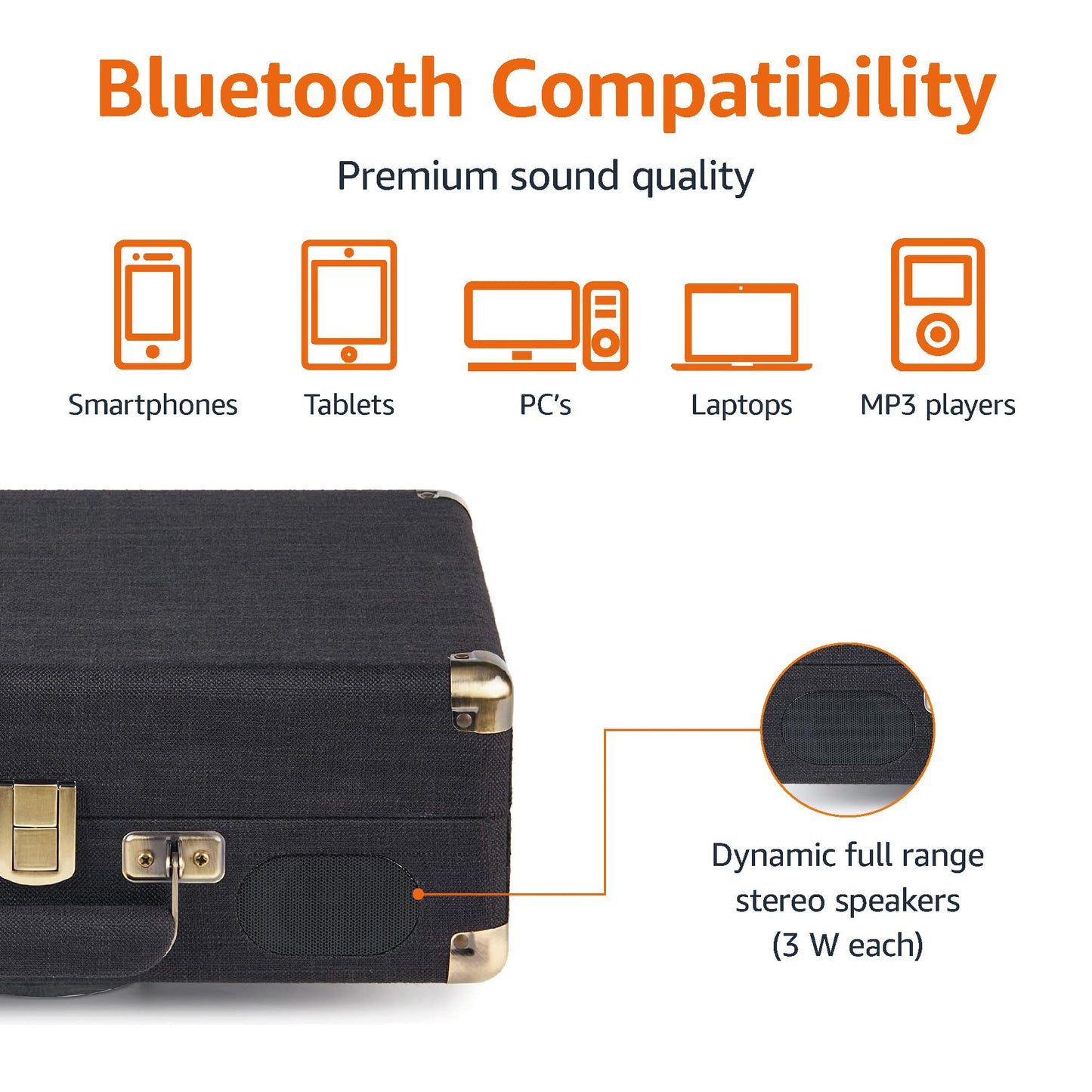 Amazon Basics Portable Suitcase Vinyl Turntable Record Player with Built-in Stereo Speakers, Belt Drive, 3-Speed, Bluetooth Playback, Black