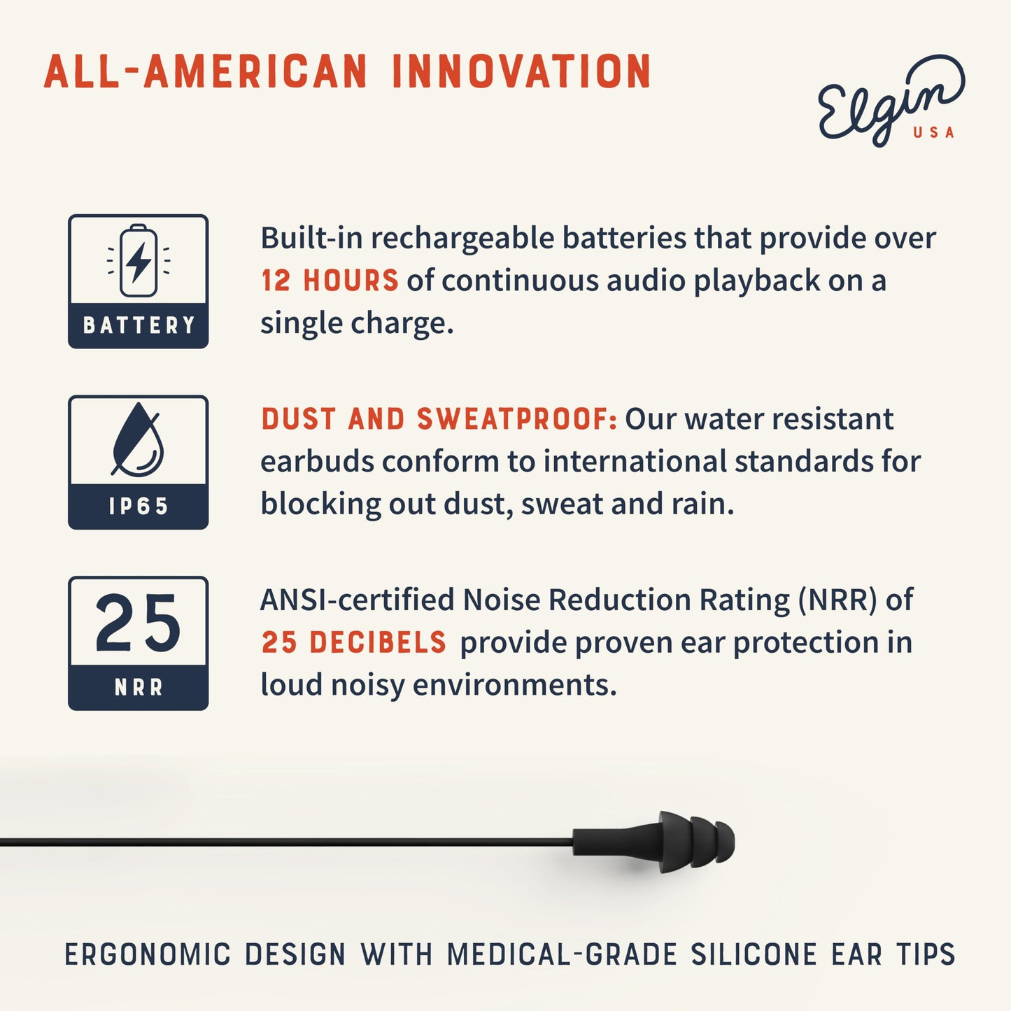 Elgin Ruckus Wireless Bluetooth Earplug Headphones, 25 dB Noise Reduction Ear Plug Earbuds, Noise Cancelling Mic, 12 Hour Battery, IP65 sweatproof