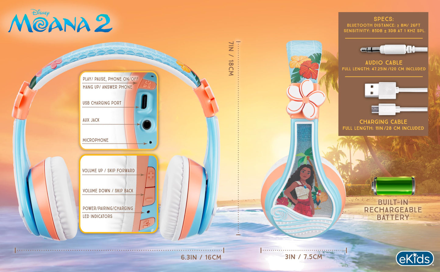 Disney Moana 2 Bluetooth Headphones for Kids Wireless Headphones for School