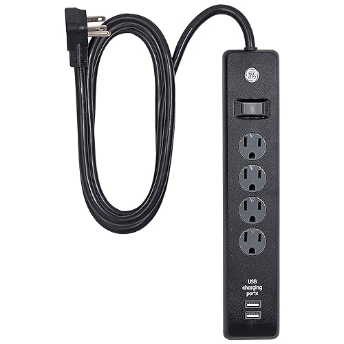 GE 4-Outlet Surge Protector, 2 USB Ports, 6 Ft Power Cord, 450 Joules, Flat Plug, Twist to Lock Safety Covers, Automatic Shutdown Technology, Circuit