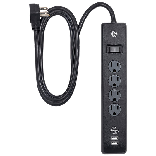 GE 4-Outlet Surge Protector, 2 USB Ports, 6 Ft Power Cord, 450 Joules, Flat Plug, Twist to Lock Safety Covers, Automatic Shutdown Technology, Circuit