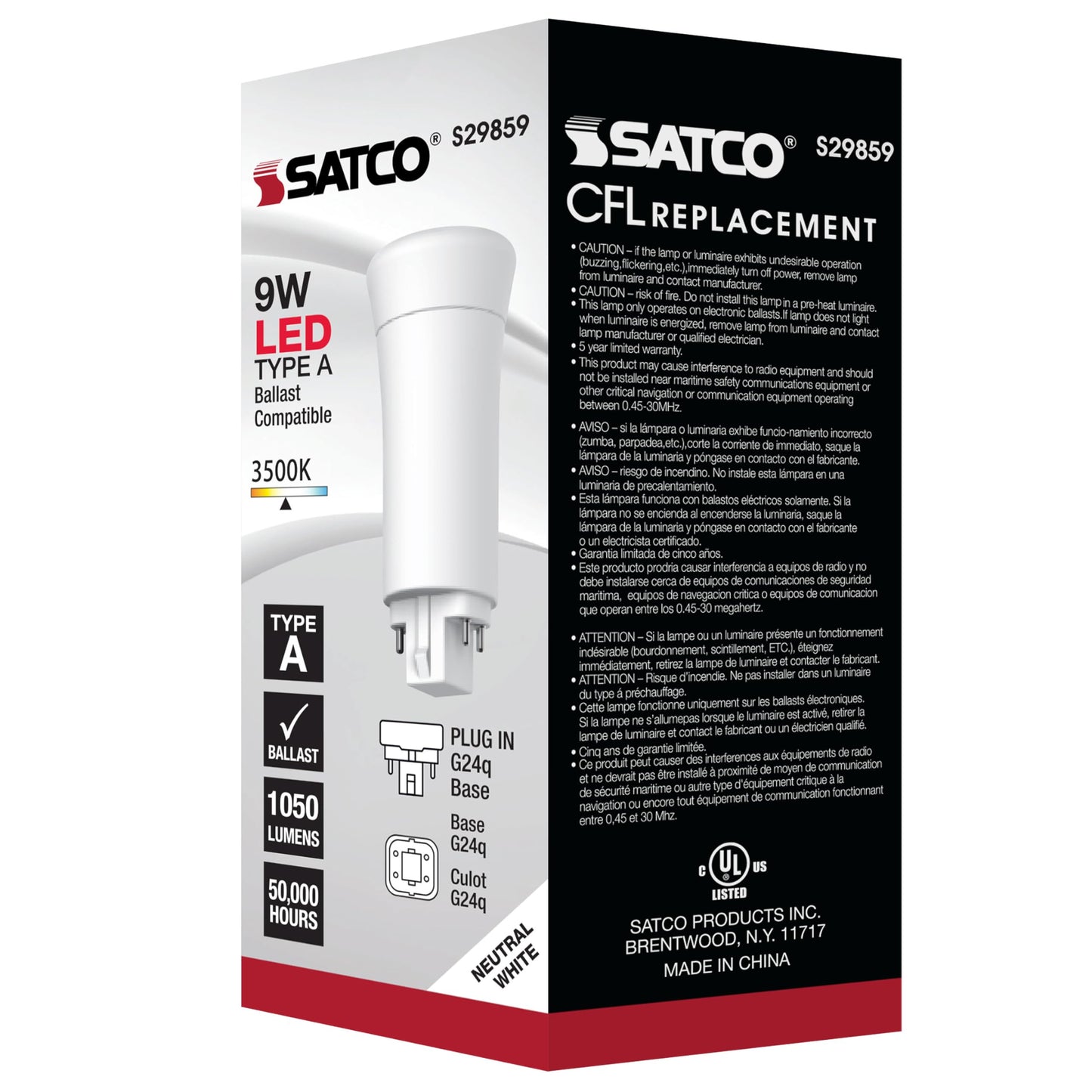 Satco S29859 9-Watt PL LED Light Bulb, G24q Base, 4-Pin Vertical, 3500K