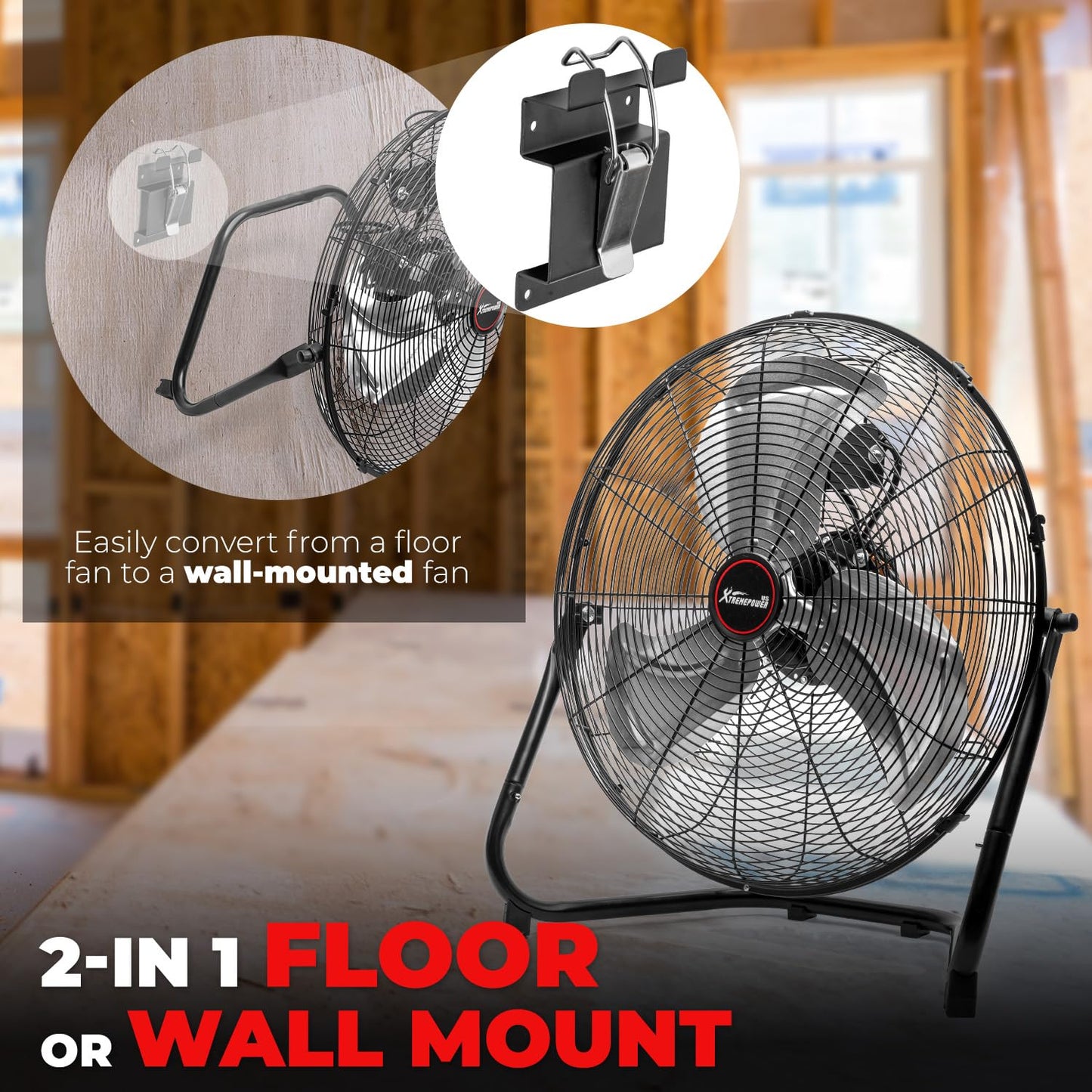 XtremepowerUS 20-Inch Floor & Wall Mount Fan, 2-in-1 High Utility Fan, 3-Speed 120W Motor, 5000 CFM Airflow, Heavy Duty Indoor Fan for Home, Garage